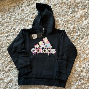 NWT size 6 Adidas black hoodie with pastel colors.